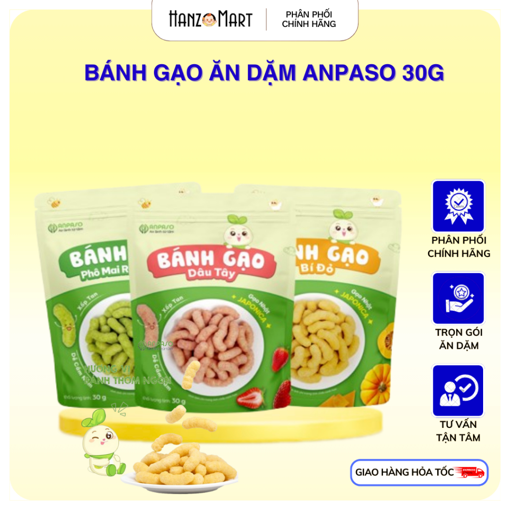 Bánh gạo ăn dặm cho bé Anpaso - Bánh gạo hữu cơ dạng que vị phô mai rau xanh, bí đỏ và dâu tây