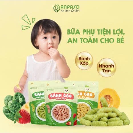 Bánh gạo ăn dặm cho bé Anpaso - Bánh gạo hữu cơ dạng que vị phô mai rau xanh, bí đỏ và dâu tây