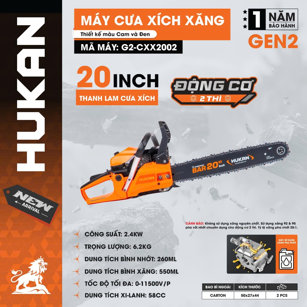 Máy cưa xích xăng HUKAN G2-CXX2002, Lam xích 20inch, Động cơ 2 thì 58CC - 2.4KW, Tốc độ 11.500v/p