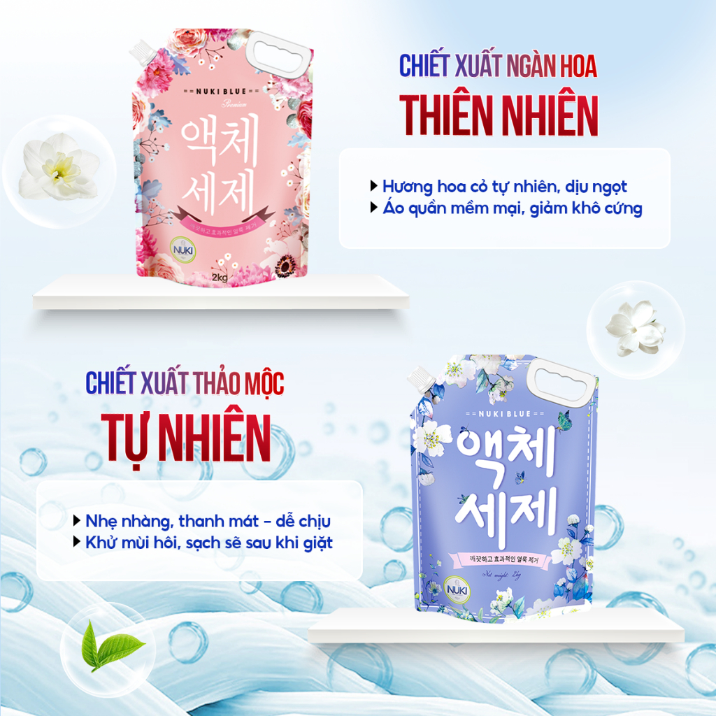Nước Giặt Công Nghệ Hàn Quốc Thương Hiệu Nuki Blue 2kg Hương Thơm Dịu Nhẹ,Mềm Vải Không Gây Kích Ứng