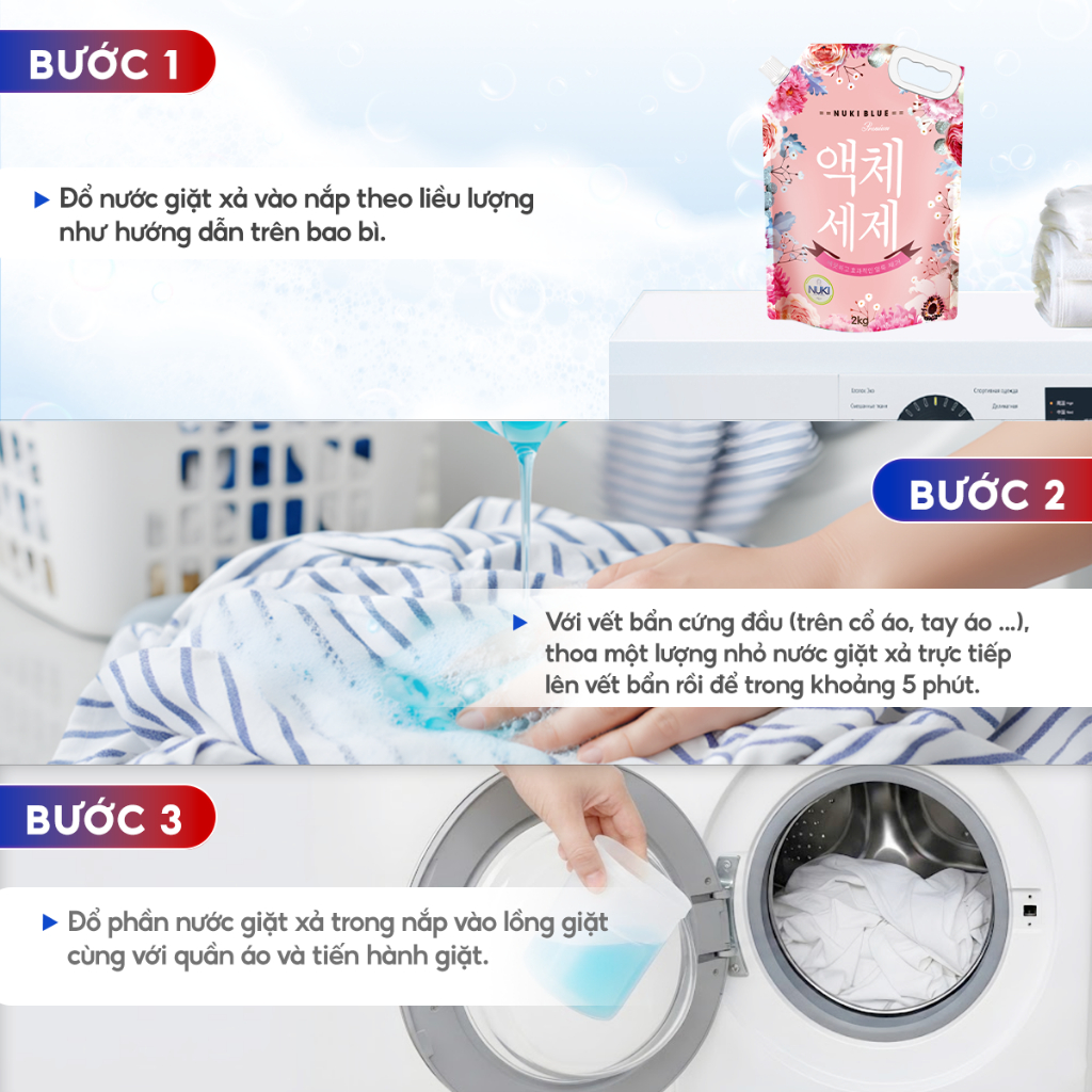 Combo 2 Túi Nước Giặt Nuki Blue Công Nghệ Hàn Quốc 2kg Hương Thơm Dịu Nhẹ, Mềm Vải