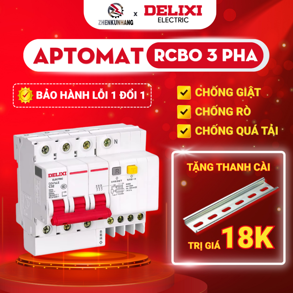 RCBO Aptomat Chống Giật 3 Pha 4 Cực DZ47sLE 3P+N, Cầu dao Chống Quá Tải