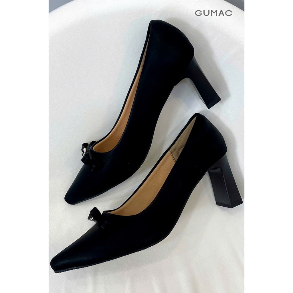 Giày Cao Gót Nữ GUMAC Đính Nơ Mũi Nhọn Gót Vuông Thanh Lịch Thời Trang GF12071