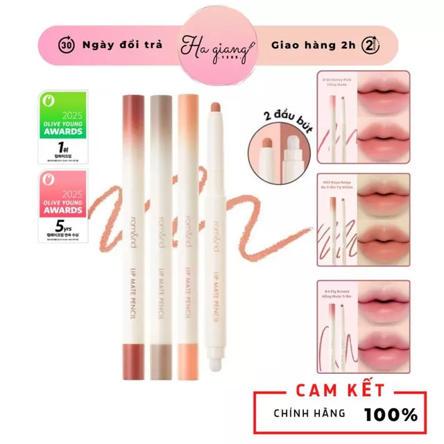 Son Bút Chì Kẻ Viền Môi Romand Lip Matte Pencil 2 Đầu dạng kem, dễ tán đề, tạo lớp finish bán lì, che phủ sắc môi