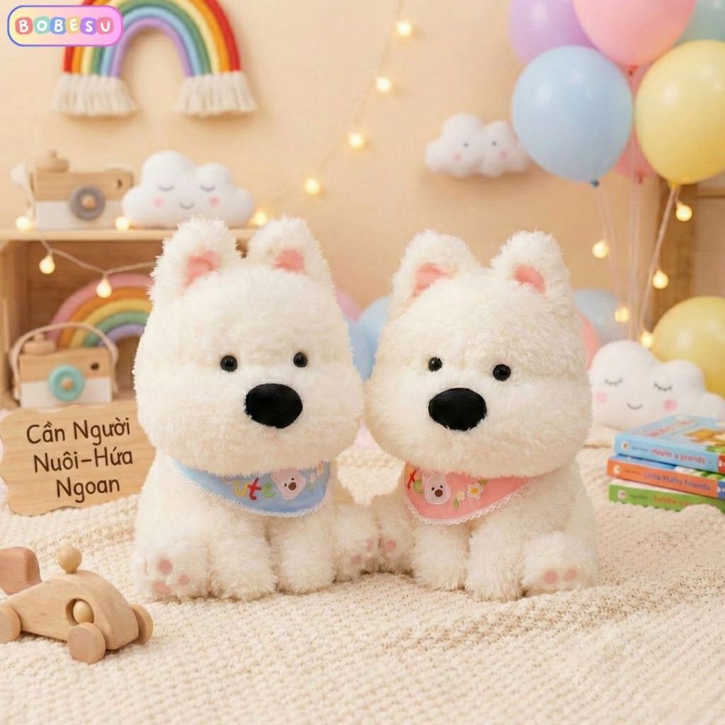 Gấu Bông Cún Đeo Khăn Cổ Dáng Ngồi 45CM Dễ Thương, Thú Nhồi Bông Con Chó Lông Dài Mềm Mại Quà Tặng Cho Bé, Bạn Gái