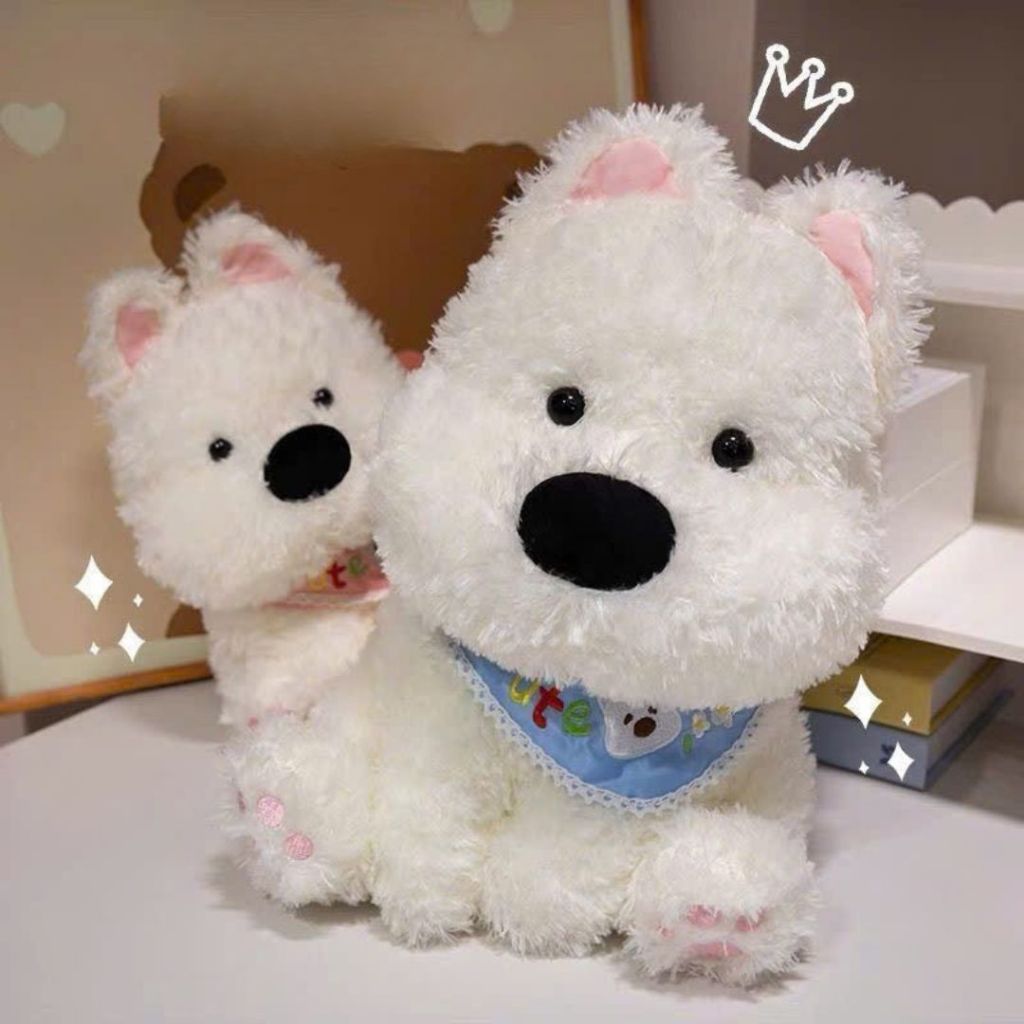 Gấu Bông Cún Ngồi Đeo Yếm Cute Dễ Thương, Chó Bông Lông Tuyết Trắng Dài Cao Cấp Babisu Làm Quà Tặng Cho Bạn Gái, Cho Bé