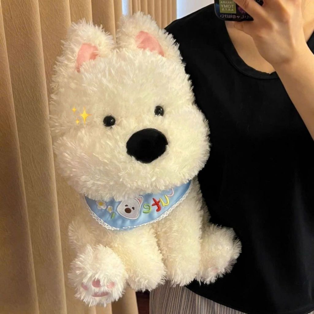 Gấu Bông Chó Bông Lông Dài Đeo Yếm Cute Dễ Thương, Thú Nhồi Bông Cún Trắng Mềm Mại Hisu Làm Quà Tặng Cho Bé, Bạn Gái