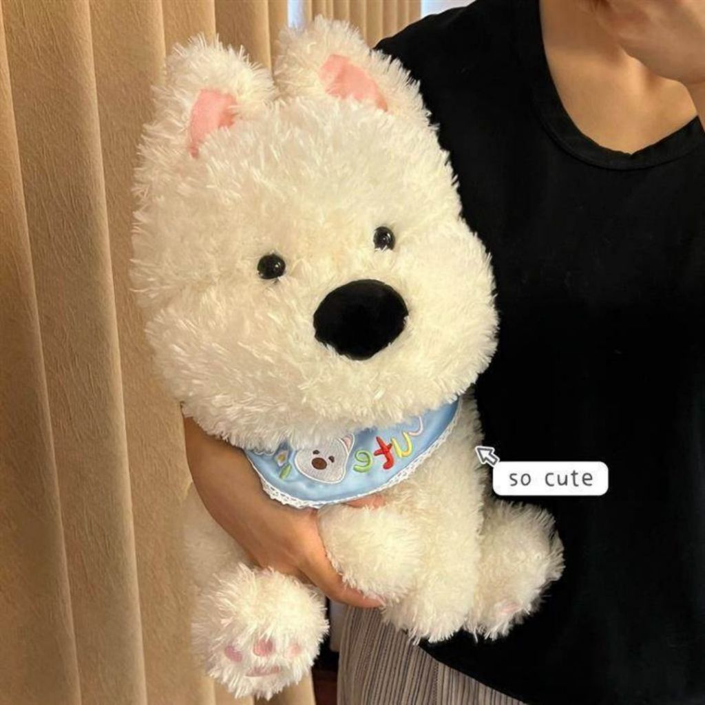 Gấu Bông Cún Đeo Khăn Cổ Dáng Ngồi 45CM Dễ Thương, Thú Nhồi Bông Con Chó Lông Dài Mềm Mại Quà Tặng Cho Bé, Bạn Gái