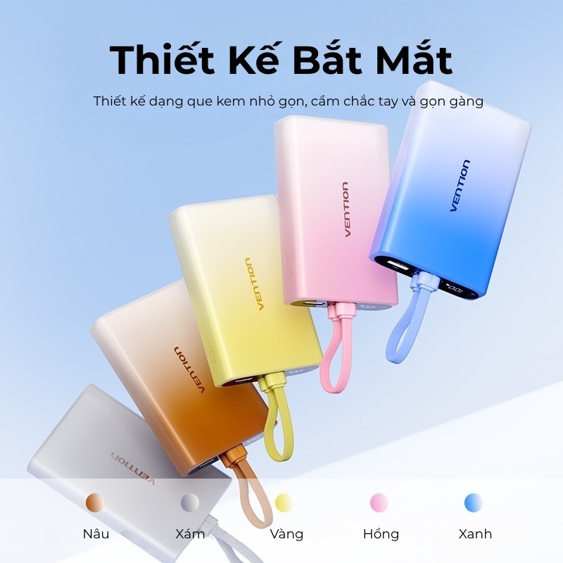 Pin Sạc Dự Phòng 10000mAh 22.5W Vention Tích hợp đèn pin, Hỗ trợ 3 cổng sạc USB-C, USB-A, Light