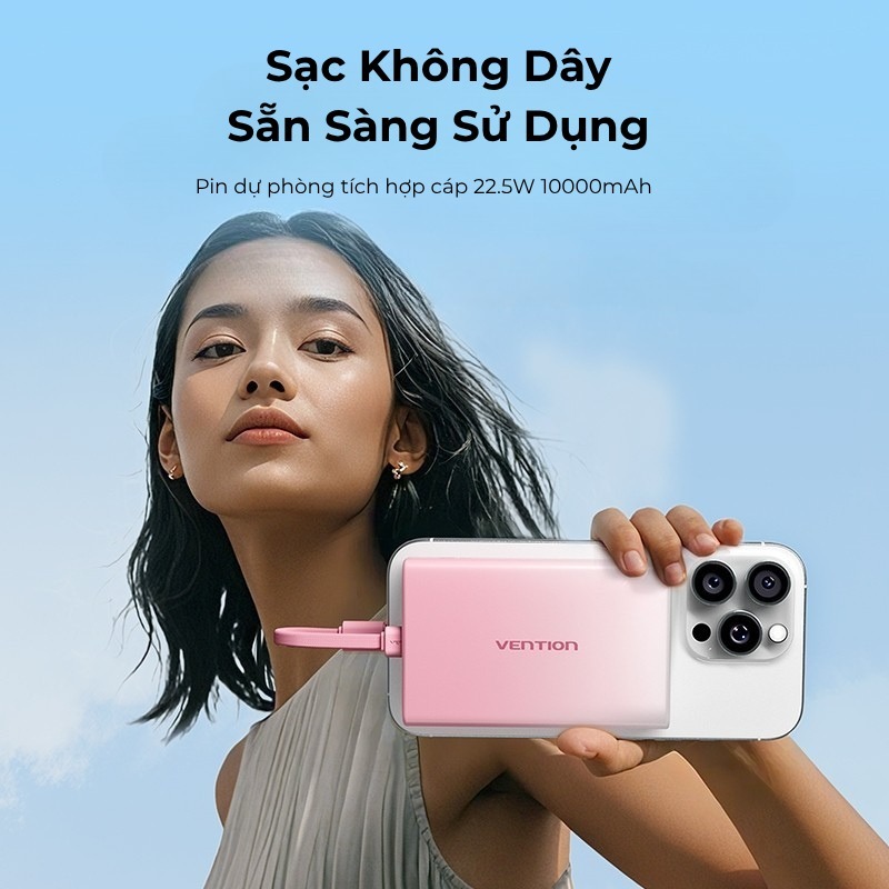 Pin Sạc Dự Phòng 10000mAh 22.5W Vention Tích hợp đèn pin, Hỗ trợ 3 cổng sạc USB-C, USB-A, Light