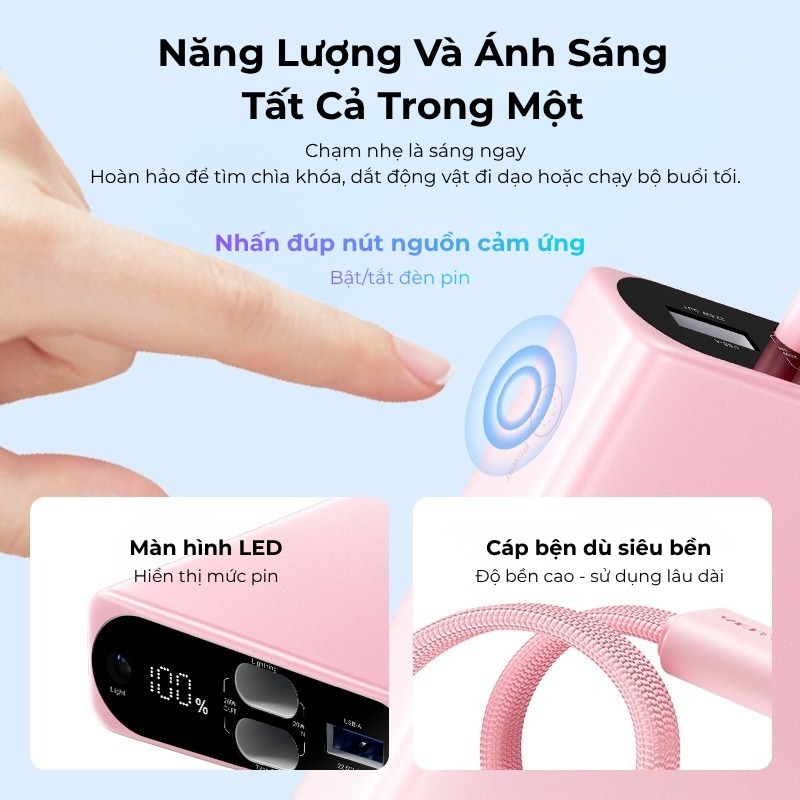 Pin Sạc Dự Phòng 10000mAh 22.5W Vention Tích hợp đèn pin, Hỗ trợ 3 cổng sạc USB-C, USB-A, Light