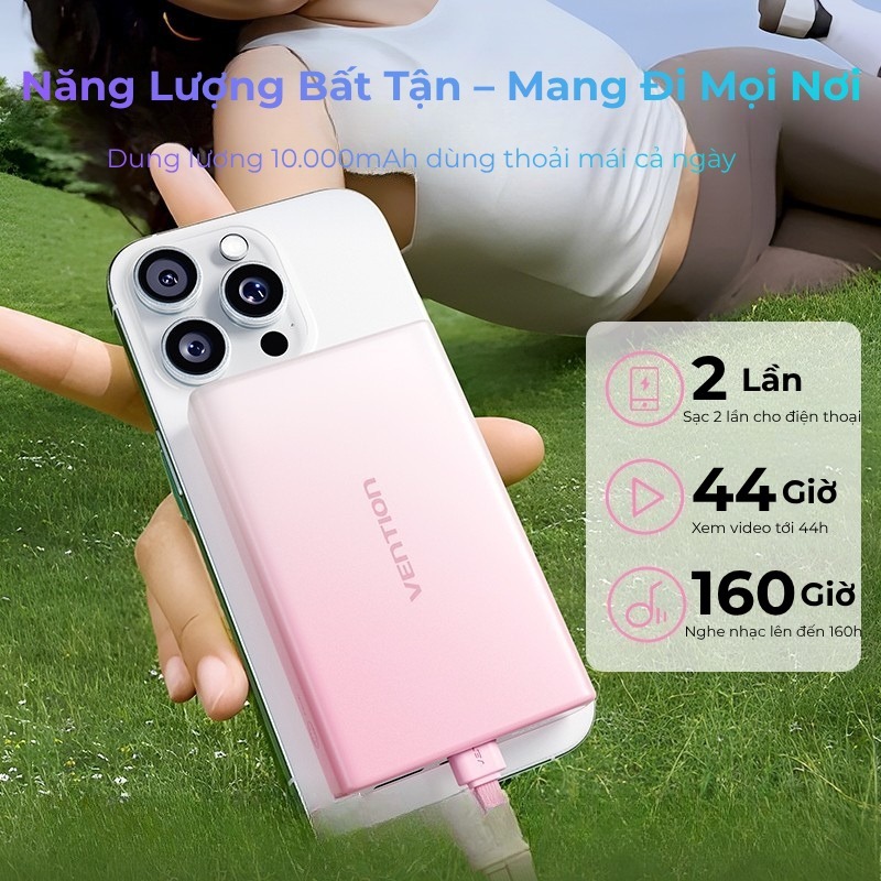 Pin Sạc Dự Phòng 10000mAh 22.5W Vention Tích hợp đèn pin, Hỗ trợ 3 cổng sạc USB-C, USB-A, Light