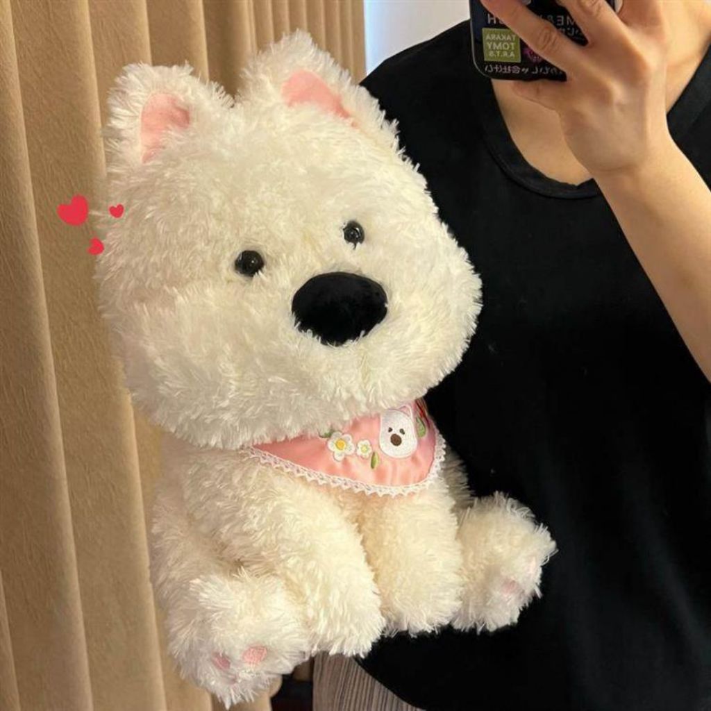 Gấu Bông Chó Bông Lông Dài Đeo Yếm Cute Dễ Thương, Thú Nhồi Bông Cún Trắng Mềm Mại Hisu Làm Quà Tặng Cho Bé, Bạn Gái