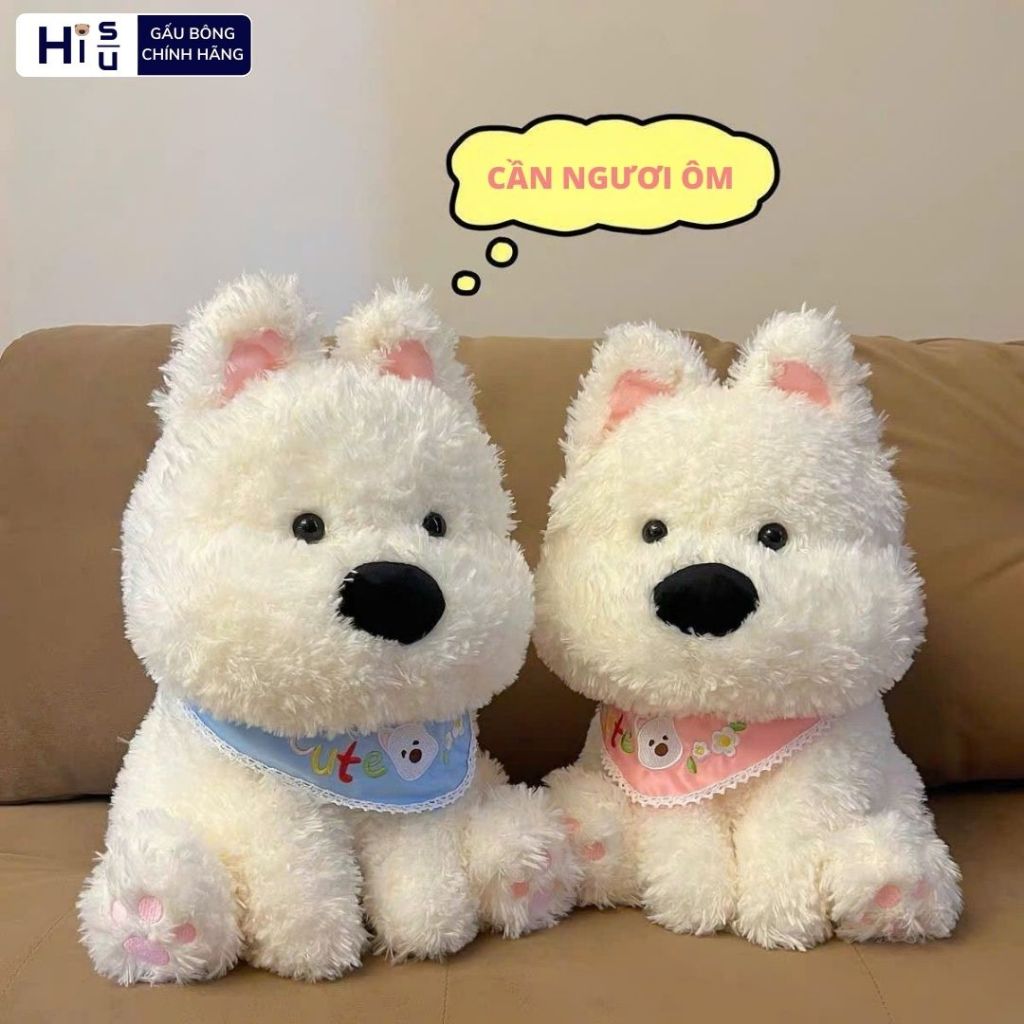 Gấu Bông Chó Bông Lông Dài Đeo Yếm Cute Dễ Thương, Thú Nhồi Bông Cún Trắng Mềm Mại Hisu Làm Quà Tặng Cho Bé, Bạn Gái