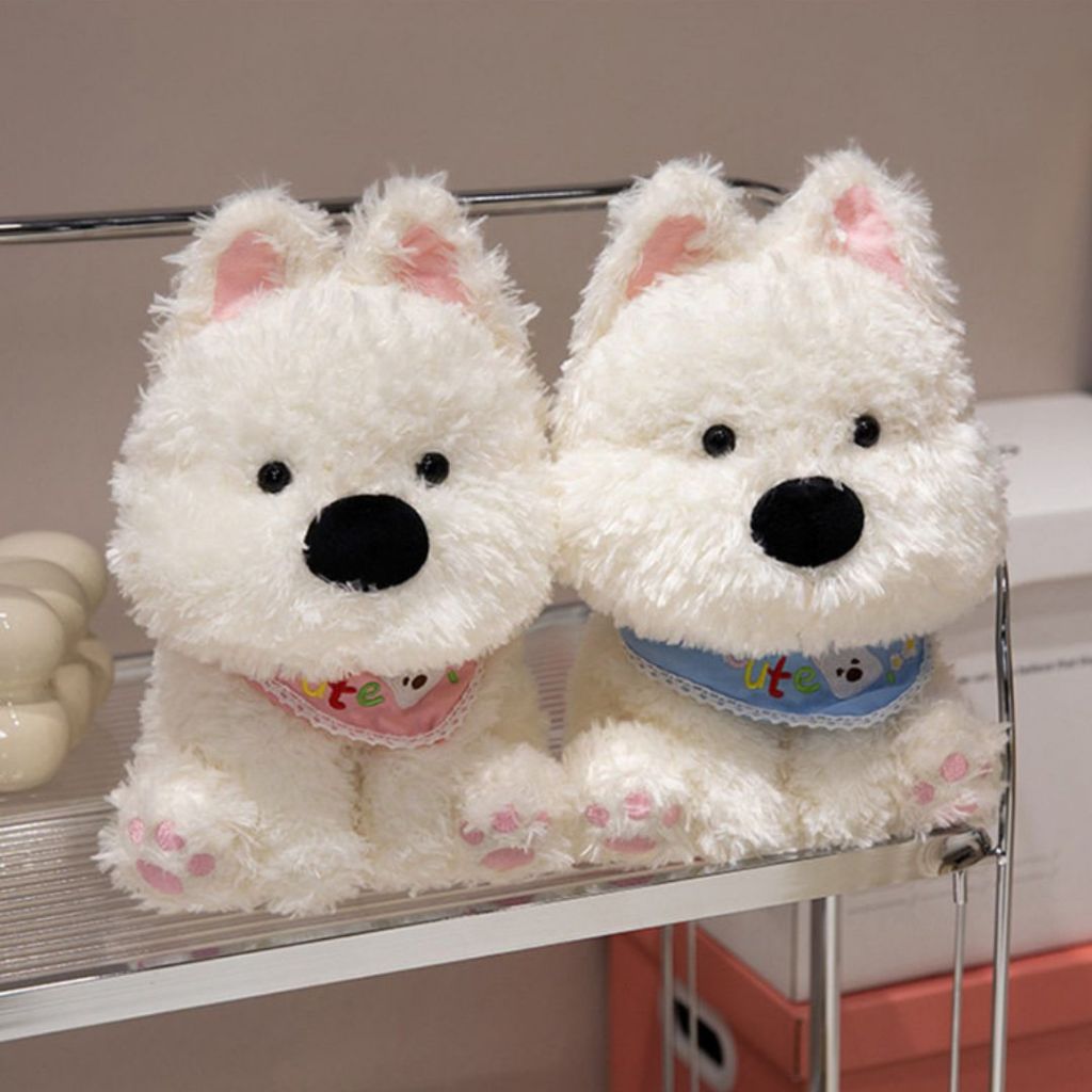 Gấu Bông Chó Bông Lông Dài Đeo Yếm Cute Dễ Thương, Thú Nhồi Bông Cún Trắng Mềm Mại Hisu Làm Quà Tặng Cho Bé, Bạn Gái