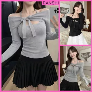 Áo Thun Trễ Vai Dài Tay Nơ Ngực RANSHI Buộc Cổ Ôm Dáng Chất Len Lông Thỏ Mềm Ấm - RA353