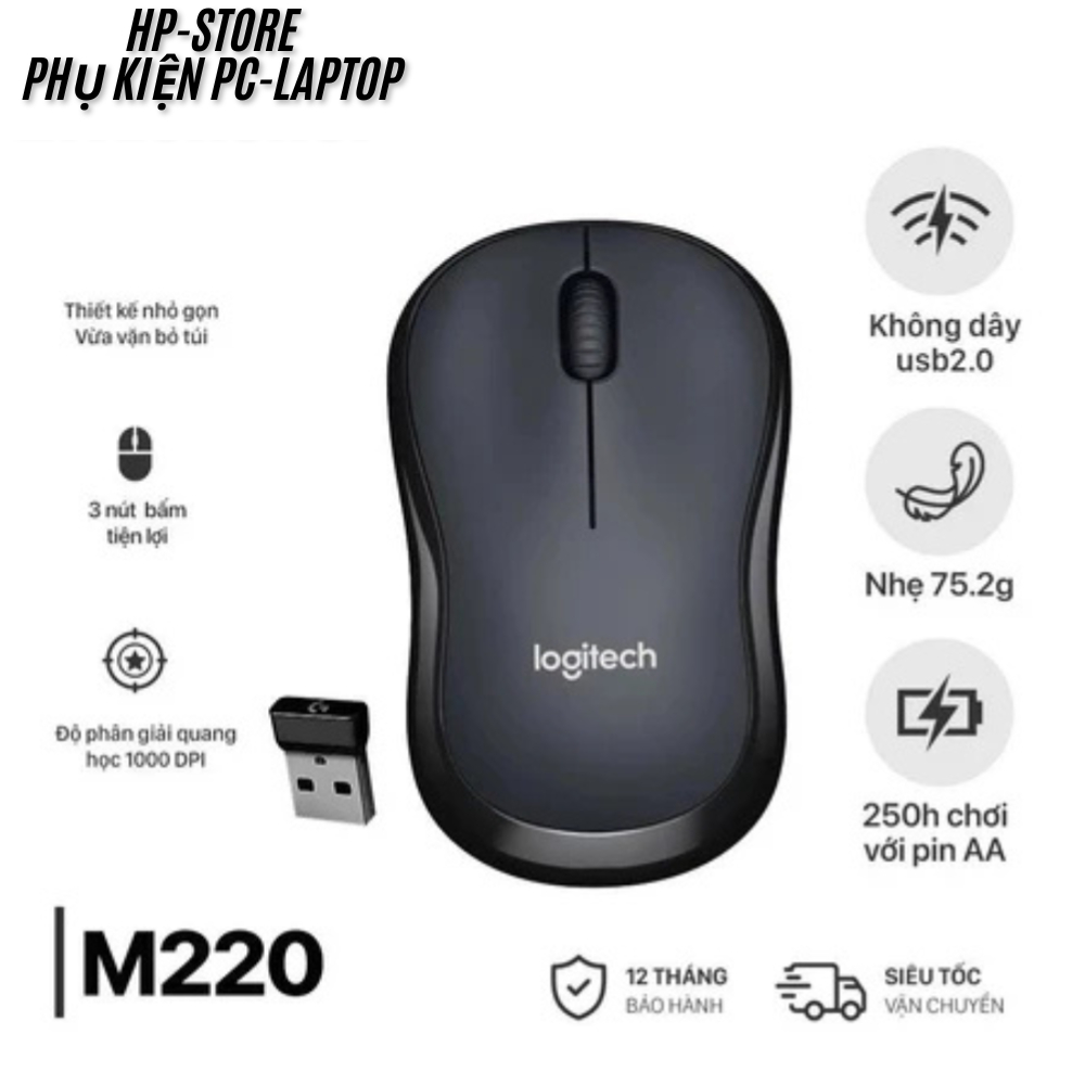 Chuột Không Dây M220 Silent - Chuột văn phòng Giảm Ồn 90%, USB, Tặng Pin, Phù Hợp PC/Laptop BH 12T