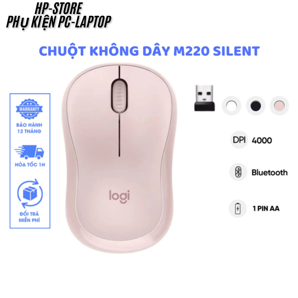 Chuột Không Dây M220 Silent - Chuột văn phòng Giảm Ồn 90%, USB, Tặng Pin, Phù Hợp PC/Laptop BH 12T