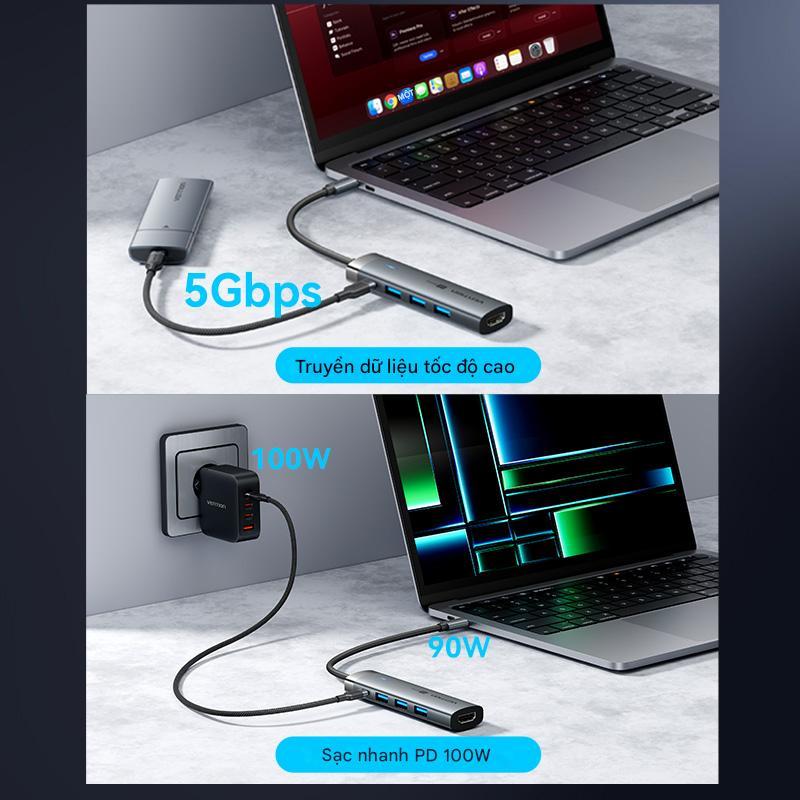 Bộ Hub Chuyển Đổi 5 in 1 Vention, 4 Cổng USB 3.0, HDMI 4K@60Hz, Truyền Dữ Liệu 5Gbps , Hỗ Trợ Micro,Cho Máy Tính, Laptop