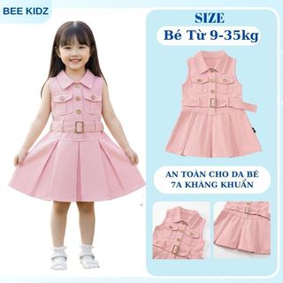 Váy Cho Bé Gái, Váy Sát Nách Cho Bé Gái Thiết Kế Cổ Bẻ Tiểu Thư Kèm Đai Thanh Lịch Chất Liệu Cotton