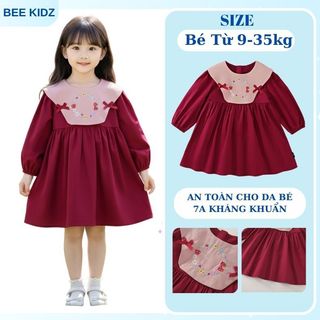 Váy Cho Bé Gái, Váy Cho Bé Thiết Kế Cổ Bèo Dáng Chữ A Thêu Hoa Kèm Nơ Siêu Xinh Chất Liệu Cotton