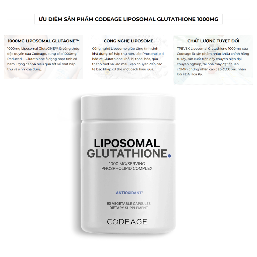 Viên Uống Bổ Sung Glutathione Codeage Liposomal Glutathione 1000mg (60  Viên) Chống Oxy Hóa, Đẹp Da