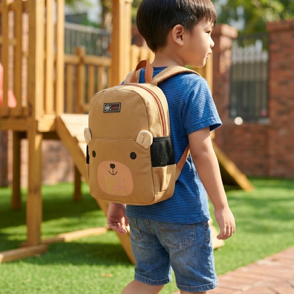 Balo Mầm Non Siêu Nhẹ TNBags TN.B 3022 - Balo Canvas Gấu Nâu Dễ Thương, Nhẹ Êm, Tiện Dụng Cho Bé!