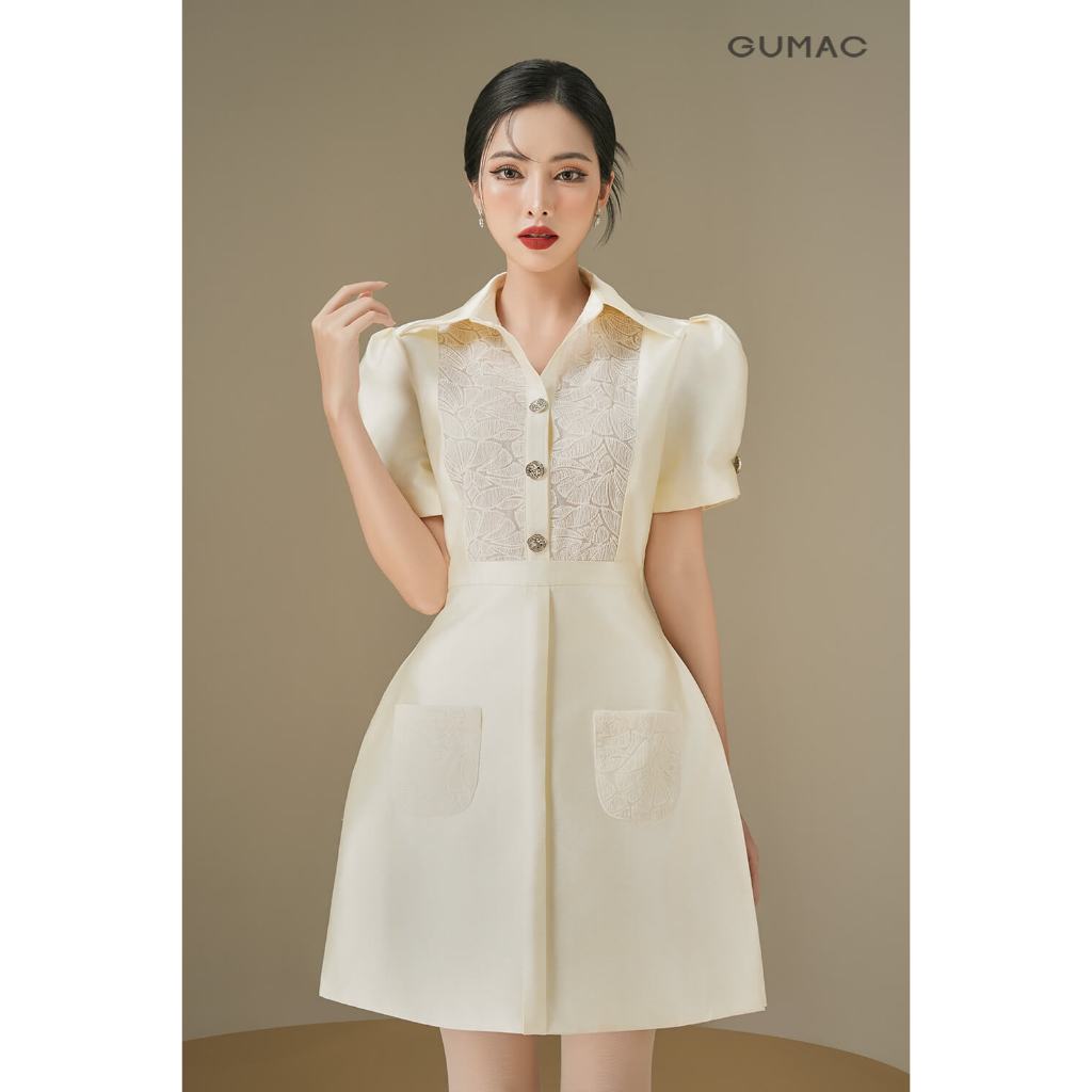 Đầm Nữ Dáng A Ngắn GUMAC Tay Ngắn Xếp Ly Phối Voan Điểm Nhấn Sang Trọng DE06015