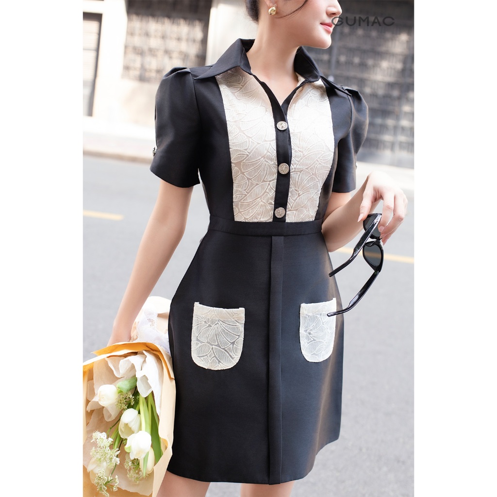 Đầm Nữ Dáng A Ngắn GUMAC Tay Ngắn Xếp Ly Phối Voan Điểm Nhấn Sang Trọng DE06015