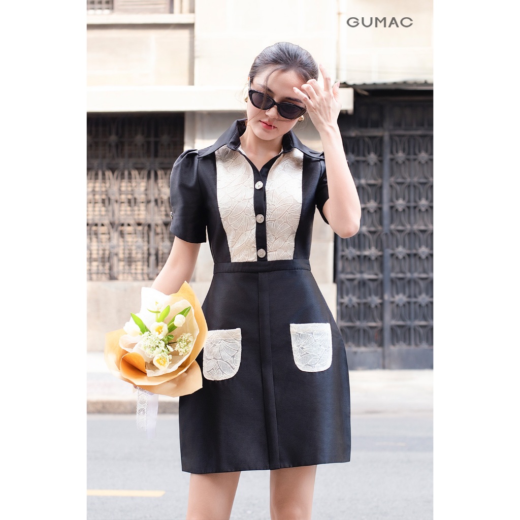 [SALE] Đầm Nữ Form A GUMAC 2 Túi Ốp Phối Ren Tay Ngắn Phồng Đính Nút Sang Trọng DE06015