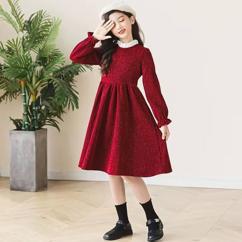 Váy nhung phối cổ sơ mi cho bé gái size đại BEESHOP D25117