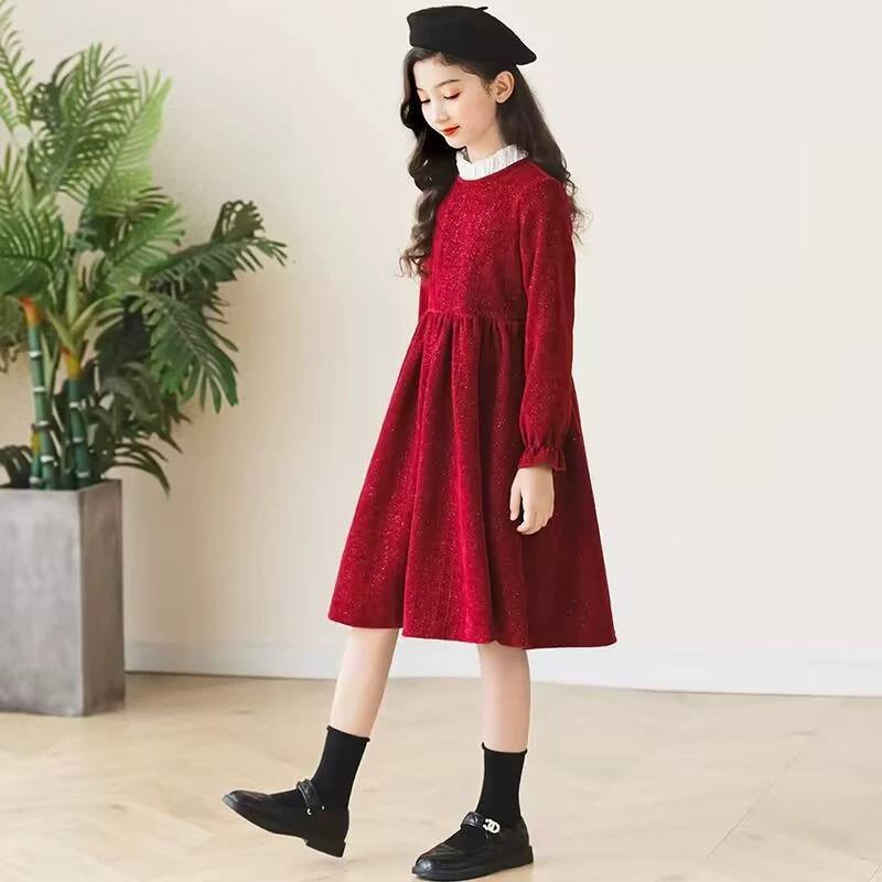Váy nhung phối cổ sơ mi cho bé gái size đại BEESHOP D25117