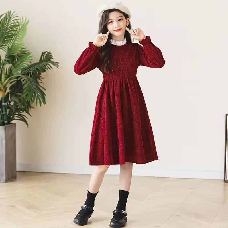 Váy nhung phối cổ sơ mi cho bé gái size đại BEESHOP D25117
