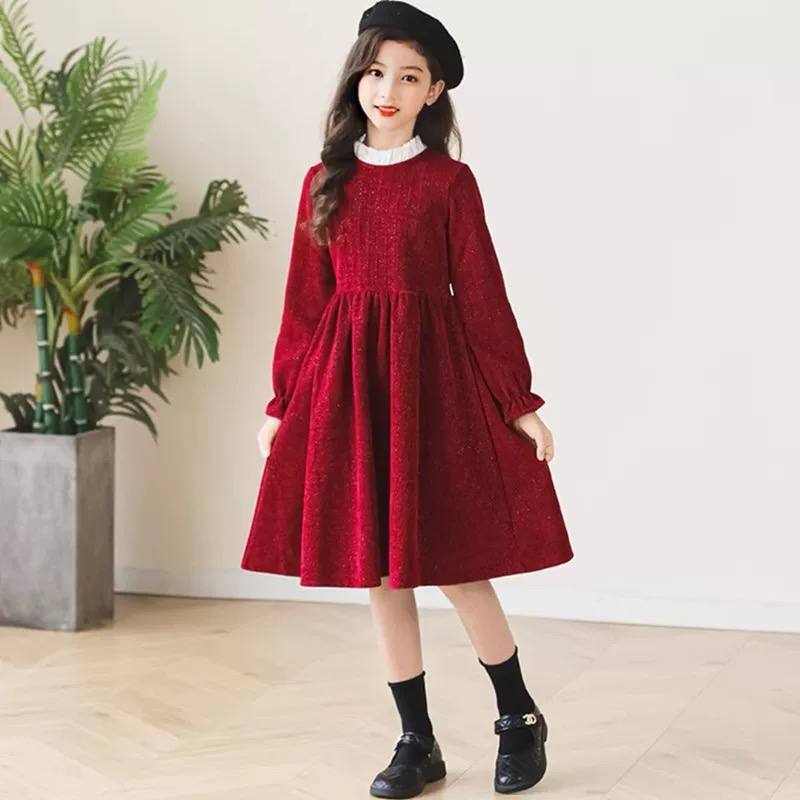 Váy nhung phối cổ sơ mi cho bé gái size đại BEESHOP D25117