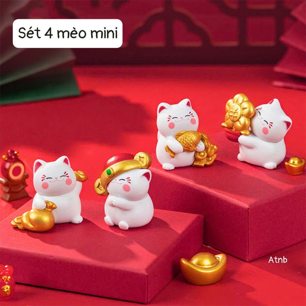 Set 4 Mèo Mini Thần Tài Dễ Thương – Mèo Chiêu Tài Cầm Vàng Trang Trí Bàn Làm Việc, Kệ Tủ