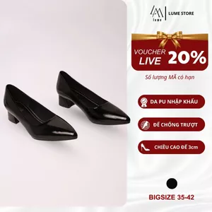 Giày Cao Gót Nữ Da Bóng Mũi Nhọn Màu Đen LUME 24 Da PU Cao Cấp, Đế Cao Su Non Chống Trơn Trượt Cao 3cm (BNĐ)