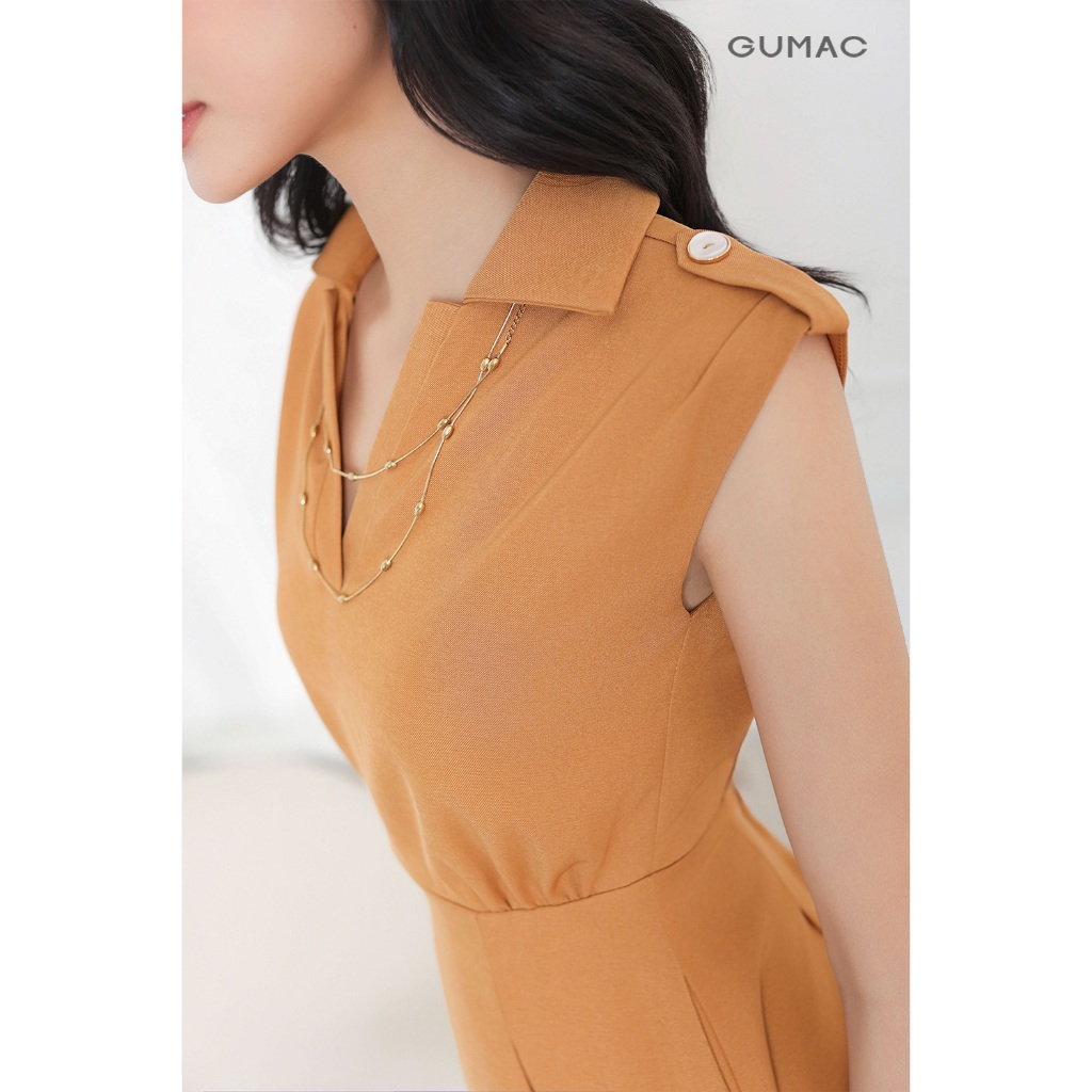 [SALE] Đầm nữ GUMAC form A xòe thiết kế cổ V bẻ đính nút vai eo cao xếp ly trước màu nâu  DF04002