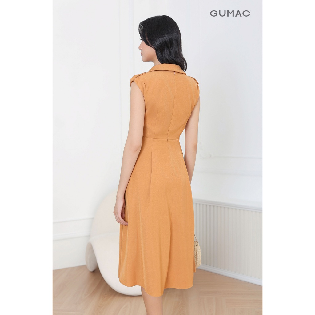 [SALE] Đầm nữ GUMAC form A xòe thiết kế cổ V bẻ đính nút vai eo cao xếp ly trước màu nâu  DF04002