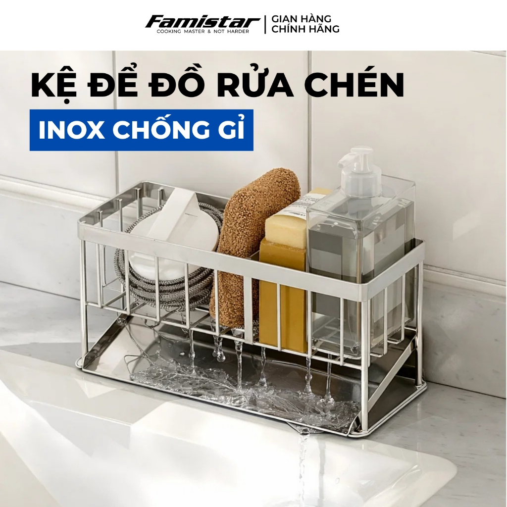 Kệ Để Đồ Rửa Chén Inox Chống Gỉ Có Khay Hứng Nước Famistar Kệ Đựng Đồ Bồn Rửa Bát Tiện Lợi LSJ01