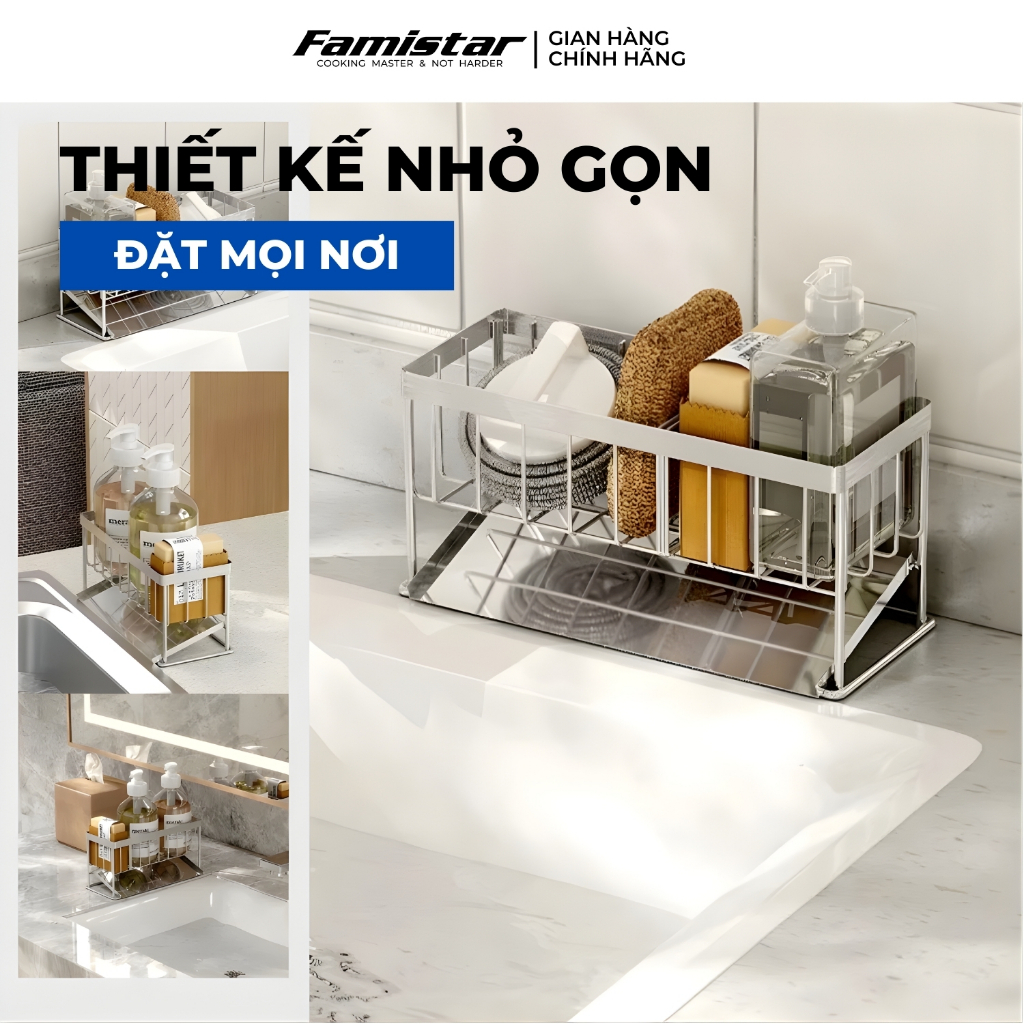 Kệ Để Đồ Rửa Chén Inox Chống Gỉ Có Khay Hứng Nước Famistar Kệ Đựng Đồ Bồn Rửa Bát Tiện Lợi LSJ01