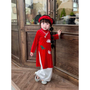 Áo dài bé gái nhung thêu sen handmade kèm mấn xịn sò 1–10 tuổi (8–31kg) C6068