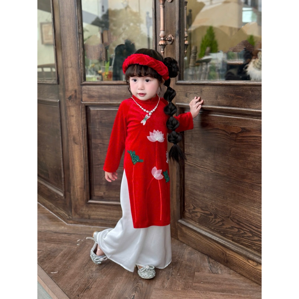 Áo dài bé gái nhung thêu sen handmade kèm mấn xịn sò 1–10 tuổi (8–31kg) C6068