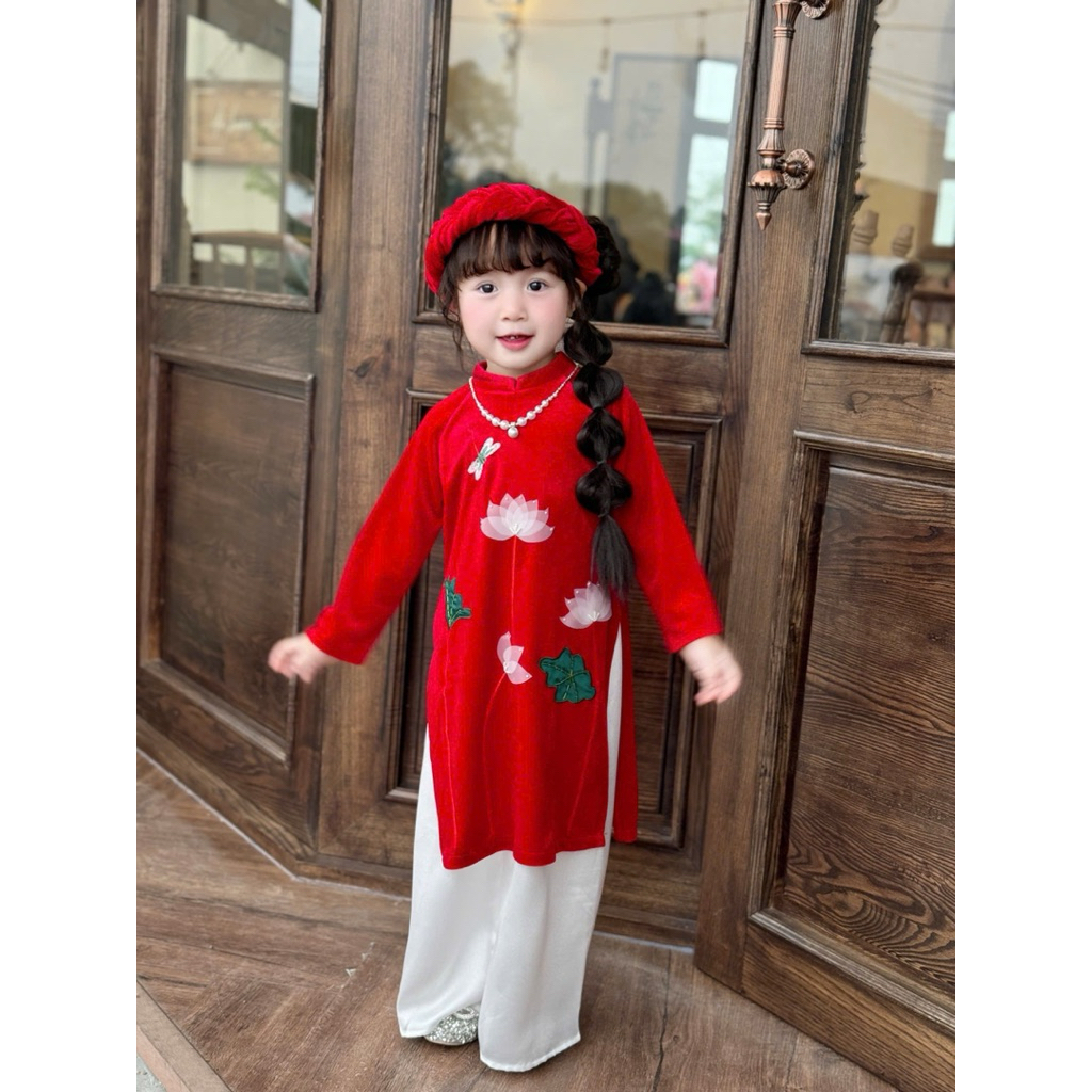 Áo dài bé gái nhung thêu sen handmade kèm mấn xịn sò 1–10 tuổi (8–31kg) C6068