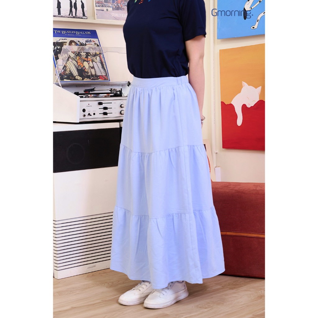 Chân Váy Midi Tầng GUMAC Form A Xoè Lưng Thun Có Túi Xéo Chất Cotton Mịn 2 Lớp Mềm Mát YVF11042