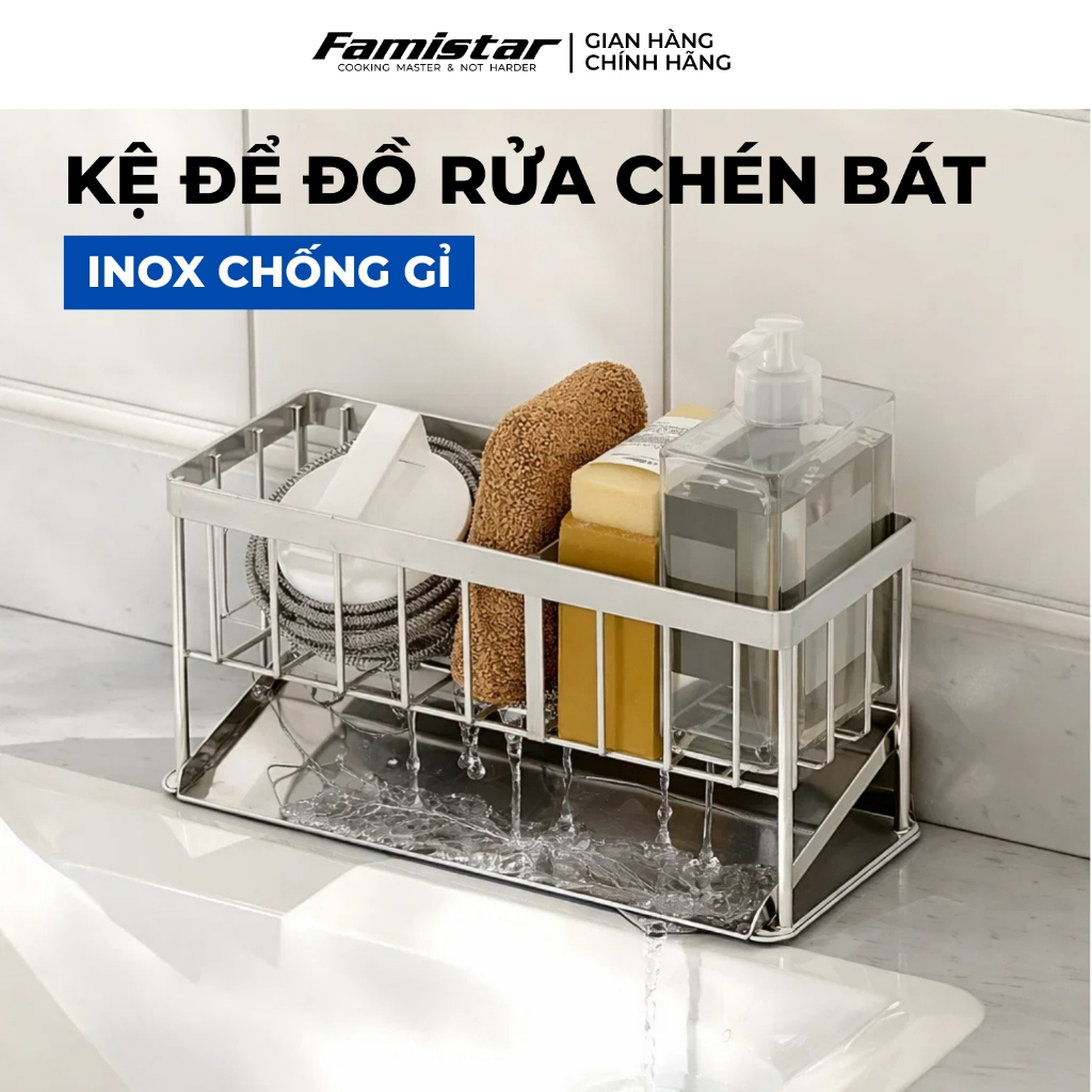 Kệ Để Đồ Rửa Chén Inox Chống Gỉ Có Khay Hứng Nước Famistar Kệ Đựng Đồ Bồn Rửa Bát Tiện Lợi LSJ01