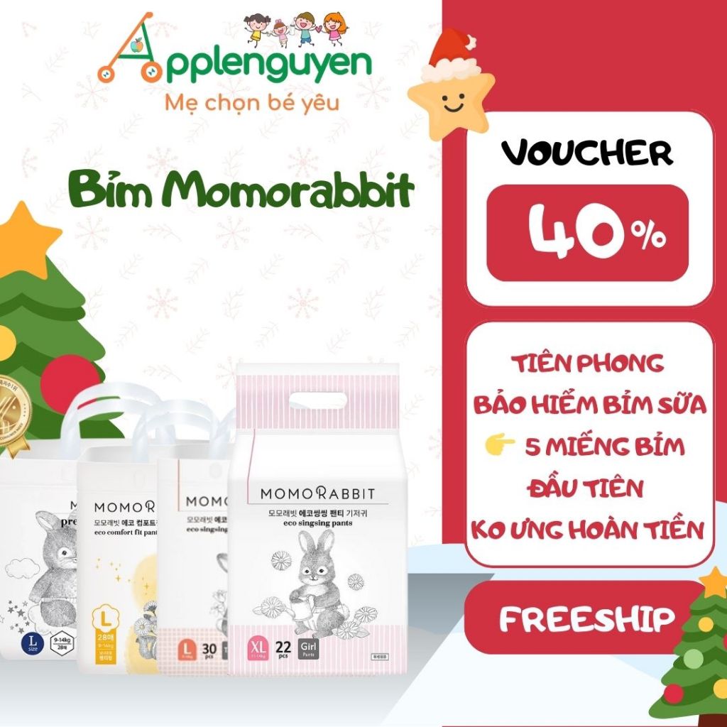(Ko quà) Bỉm Dán/Quần Momo Rabbit Classic/Bé Trai/Bé Gái/Đêm/EcoFit Size NB42/S36/M32/L28/XL22/XXL18I Applenguyen94