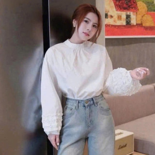 Áo Sơ Mi Trắng Cổ Tròn Oversize  Chạy Viền Tay Bèo Dáng Mới