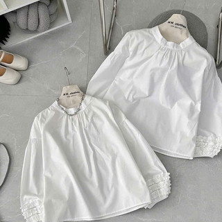 Áo Sơ Mi Trắng Cổ Tròn Oversize  Chạy Viền Tay Bèo Dáng Mới