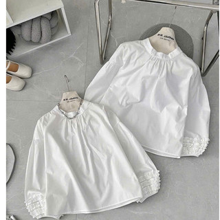 Áo Sơ Mi Trắng Cổ Tròn Oversize  Chạy Viền Tay Bèo Dáng Mới