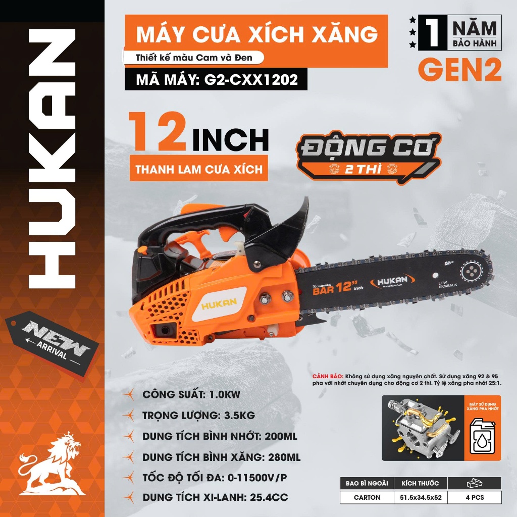 Máy Cưa Xích Chạy Xăng 12 Inch HUKAN (Gen2) G2-CXX1202 | 1.0KW | 24.5cc | Nhẹ 3.5kg | Cắt Mạnh